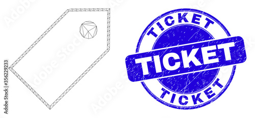 Web mesh tag pictogram and Ticket watermark. Blue vector round distress watermark with Ticket phrase. Abstract carcass mesh polygonal model created from tag pictogram.