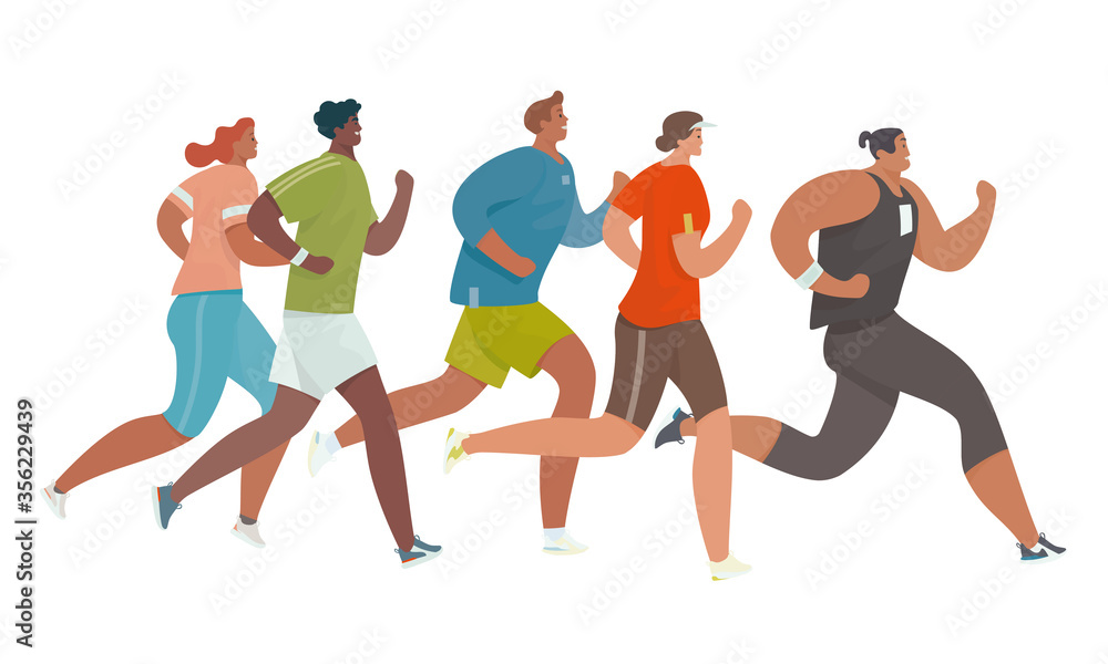 People run. Running men and women. Marathon race. Flat cartoon characters isolated on white background. Vector illustration. People run. Running men and women. Marathon race. Flat cartoon characters isolated on white background. Vector illustration.