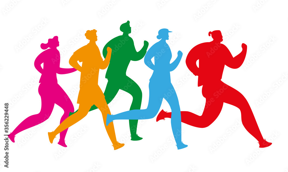 People run. Running man and woman. Vector silhouette illustration. Marathon race. Flat cartoon characters isolated on white background.