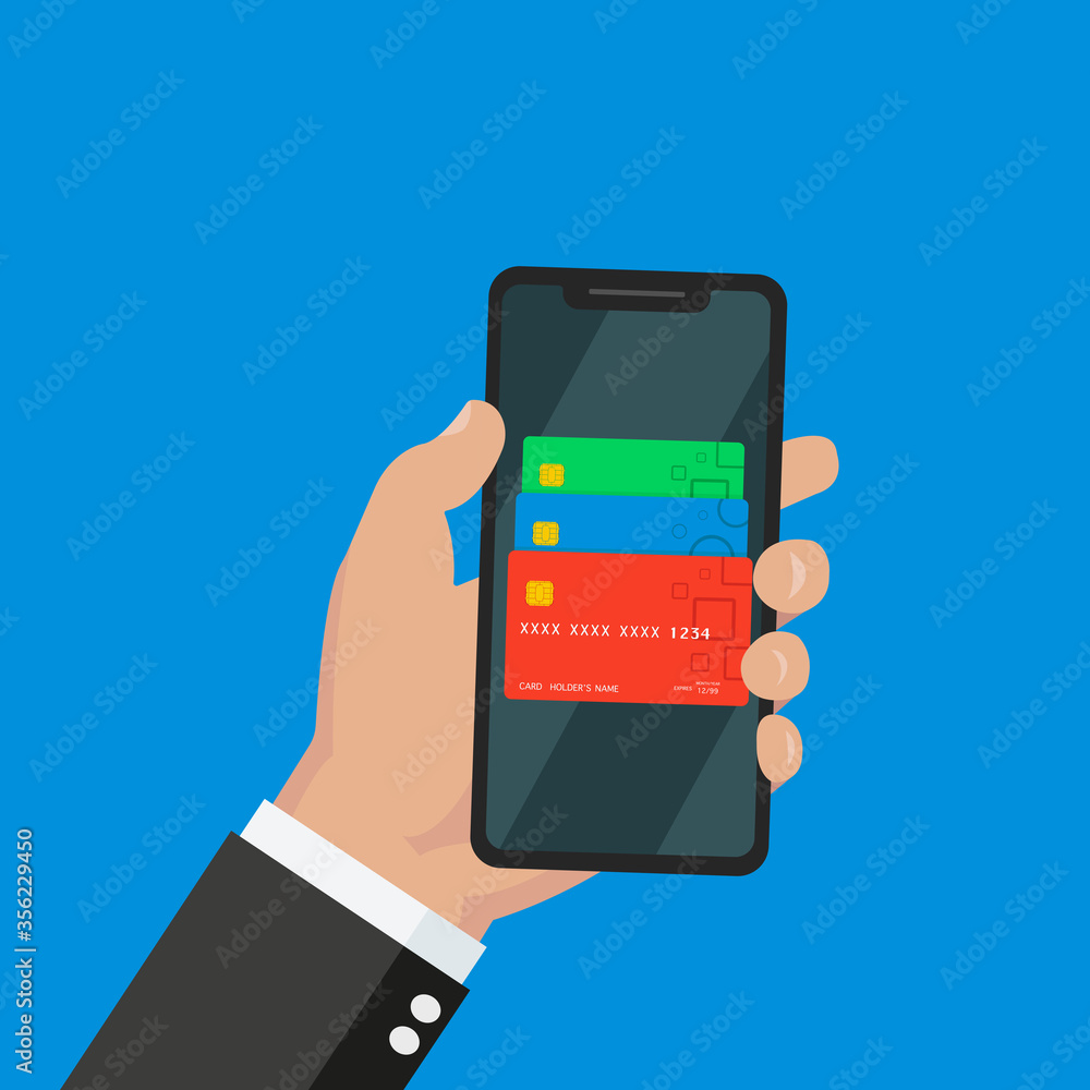 Flat design style illustration of modern smartphone with processing of mobile payments from credit card on the screen. Near field communication technology concept. Isolated on red background Flat design style illustration of modern smartphone with processing of mobile payments from credit card on the screen. Near field communication technology concept. Isolated on red background
