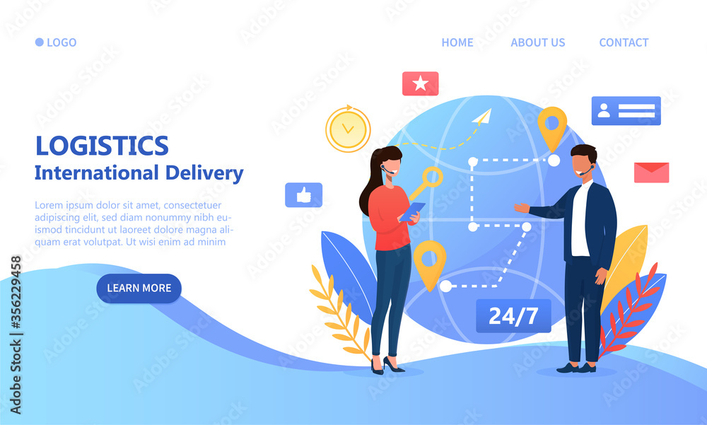 Logistics of International Delivery with a man and woman wearing headsets on opposite sides of the globe plotting a route between destinations and space for text, colored vector illustration Logistics of International Delivery with a man and woman wearing headsets on opposite sides of the globe plotting a route between destinations and space for text, colored vector illustration