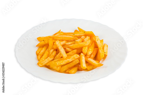 French fries on a plate, isolated on white background