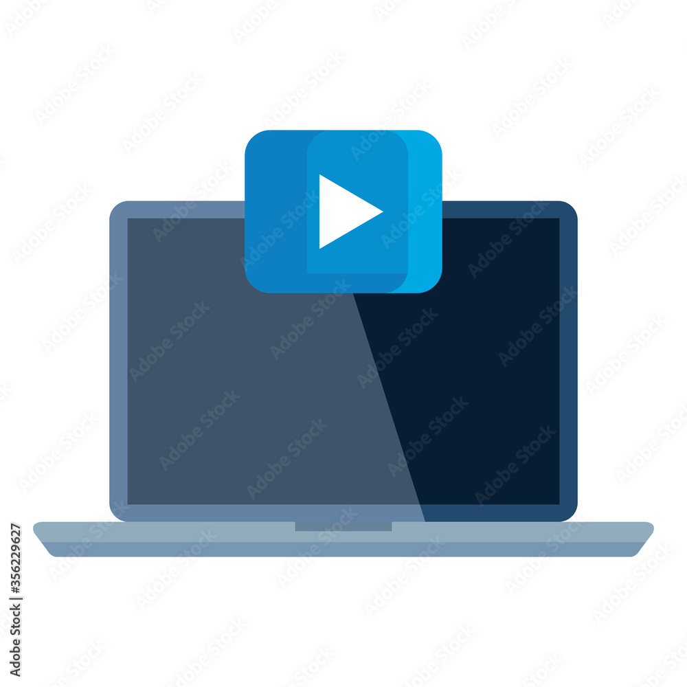Play button on laptop design, Music movie cinema video film and media theme Vector illustration Play button on laptop design, Music movie cinema video film and media theme Vector illustration