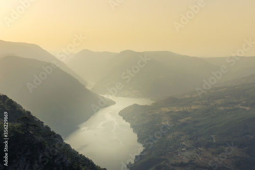 Beautiful, soft, misty view from a famous, iconic viewpoint called Banjska Stena in Tara national park photo