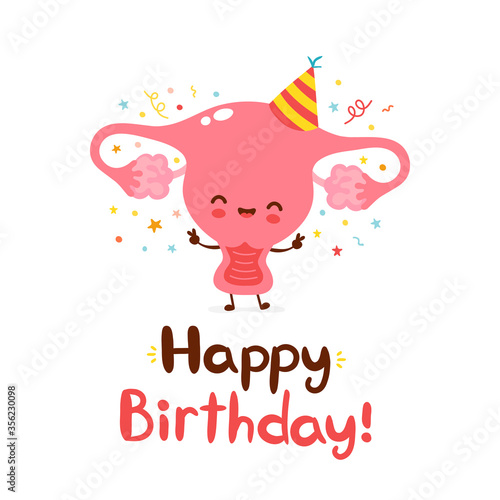 Cute funny uterus organ. Happy birthday card