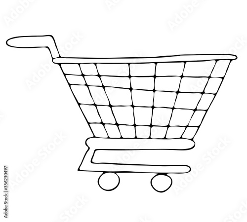 shopping cart at the grocery store, doodle style vector element, black outline
