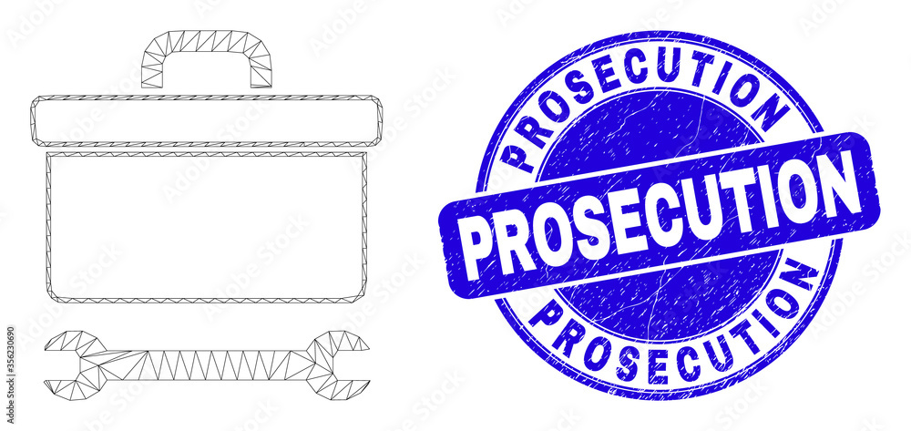 Fototapeta premium Web mesh toolbox wrench pictogram and Prosecution seal. Blue vector round textured stamp with Prosecution caption. Abstract carcass mesh polygonal model created from toolbox wrench pictogram.