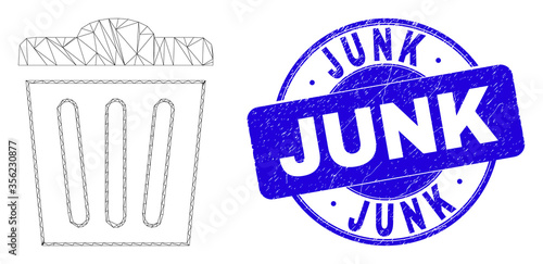 Web mesh trashcan pictogram and Junk seal stamp. Blue vector round scratched stamp with Junk message. Abstract frame mesh polygonal model created from trashcan pictogram.