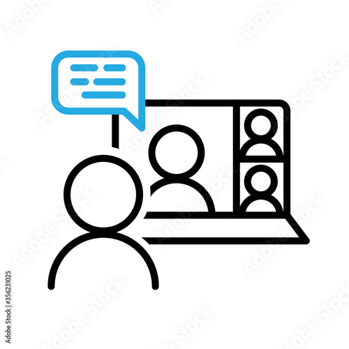 Video chat conference icon. People on computer screen. Home office. Digital communication. Internet teaching media.
