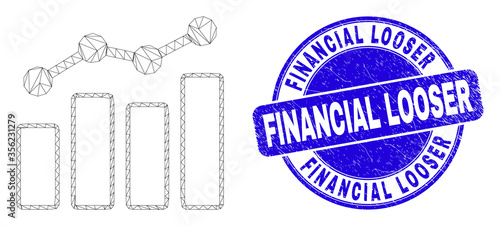 Web mesh trend charts pictogram and Financial Looser watermark. Blue vector round grunge watermark with Financial Looser text. Abstract frame mesh polygonal model created from trend charts pictogram.