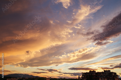 Cloudy sunset over the city of Sofia  Bulgaria. Warm colors sunset.