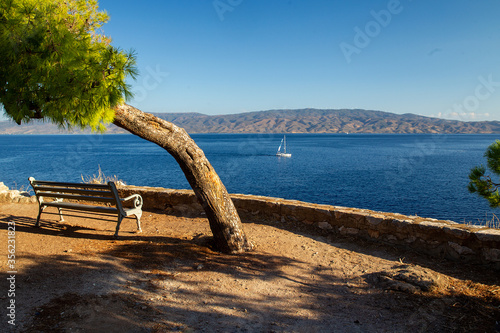 Canvastavla bench for observing the sea and ships sailing and mainland Greece