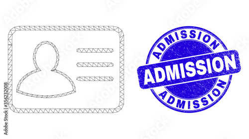 Web mesh user card icon and Admission seal stamp. Blue vector round grunge seal stamp with Admission text. Abstract carcass mesh polygonal model created from user card icon.