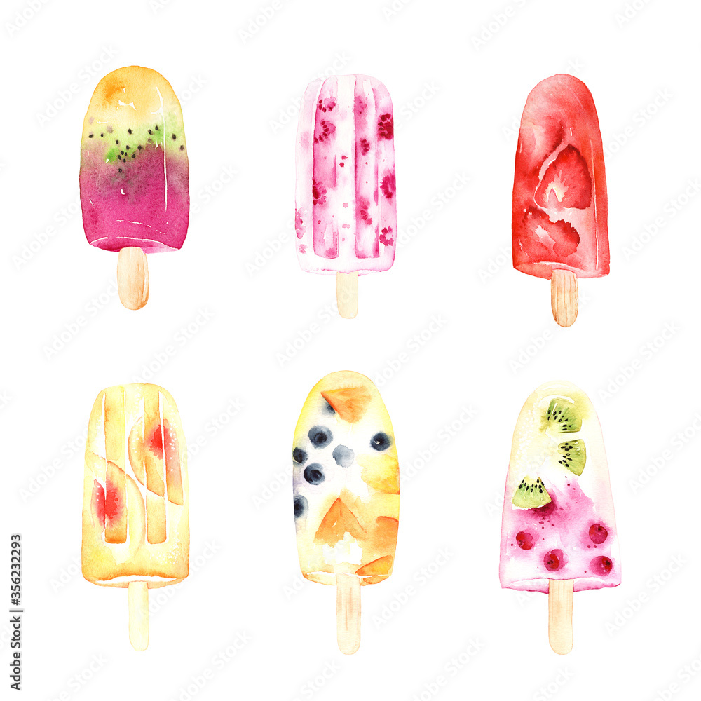Watercolor ice cream set with fruits and berries, bright, fresh and juicy. Colorful illustration ice lolly isolated on white background. Watercolor ice cream set with fruits and berries, bright, fresh and juicy. Colorful illustration ice lolly isolated on white background.