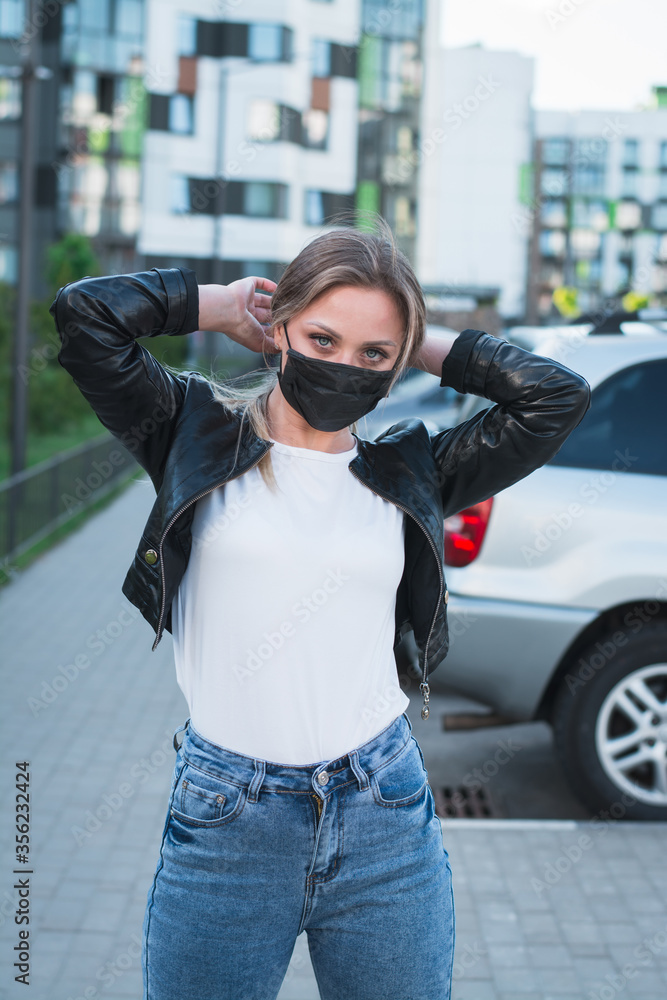 Fototapeta premium Air Pollution Facial Mask Urban Woman Portrait