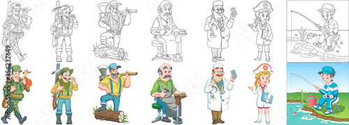 Coloring pages. Cartoon clipart set for kids activity coloring book, t shirt print, icon, logo, label, patch or sticker. Vector illustrations.