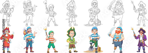 Coloring pages. Cartoon clipart set for kids activity coloring book, t shirt print, icon, logo, label, patch or sticker. Vector illustrations.