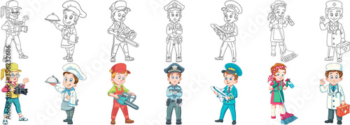 Coloring pages. Cartoon clipart set for kids activity coloring book, t shirt print, icon, logo, label, patch or sticker. Vector illustrations.