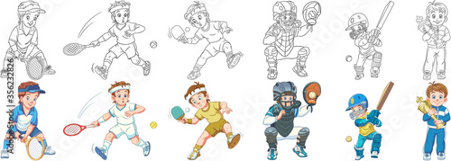 Coloring pages. Cartoon clipart set for kids activity coloring book, t shirt print, icon, logo, label, patch or sticker. Vector illustrations.