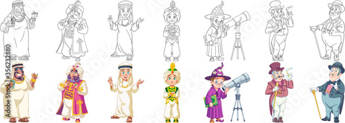 Coloring pages. Cartoon clipart set for kids activity coloring book, t shirt print, icon, logo, label, patch or sticker. Vector illustrations.