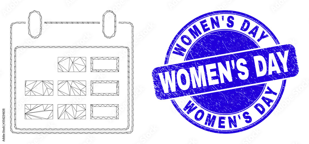 Obraz premium Web carcass calendar page icon and Women'S Day seal stamp. Blue vector rounded scratched seal stamp with Women'S Day message. Abstract frame mesh polygonal model created from calendar page icon.