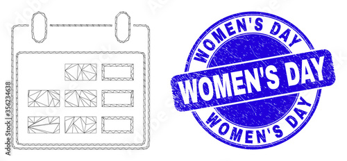 Web carcass calendar page icon and Women'S Day seal stamp. Blue vector rounded scratched seal stamp with Women'S Day message. Abstract frame mesh polygonal model created from calendar page icon.
