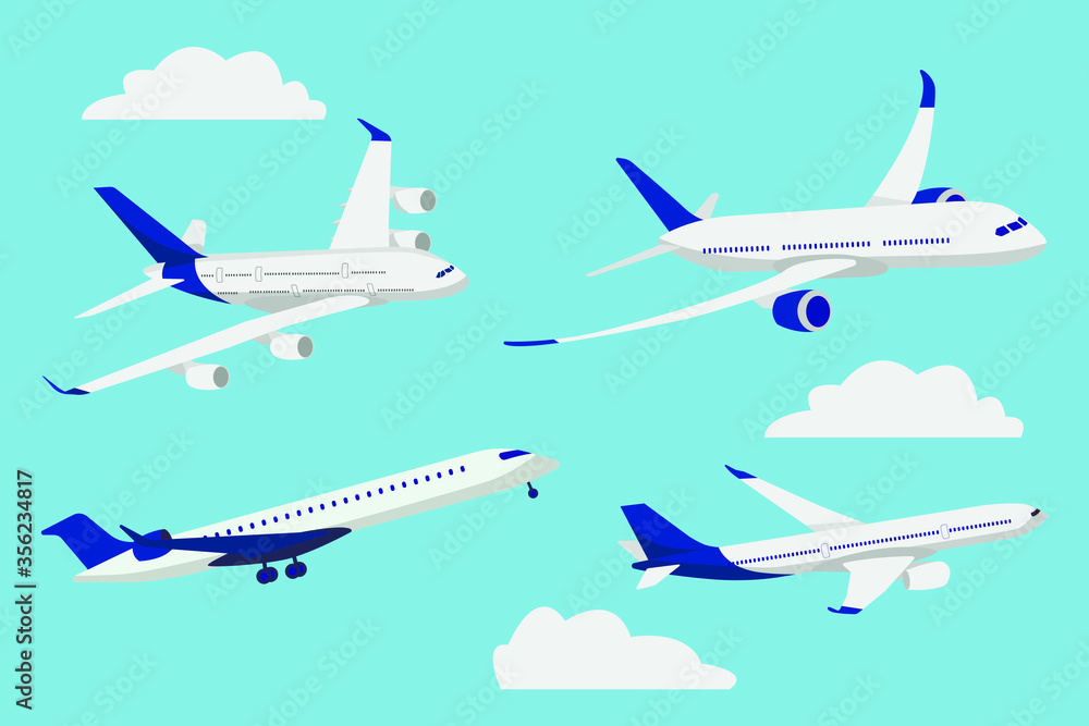 The plane is flying. Plane in the sky among the clouds. Vector illustration of an airplane.