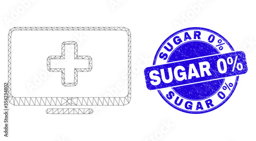 Web carcass computer medicine icon and Sugar 0% seal stamp. Blue vector rounded textured seal stamp with Sugar 0% text. Abstract carcass mesh polygonal model created from computer medicine icon.