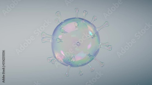 Coronavirus COVID-19 flu bacteria made of soap bubble. Microscopic view of a microbe cell. Some people claim that virus is a fake and quarantine is government conspiracy. Danger activity.