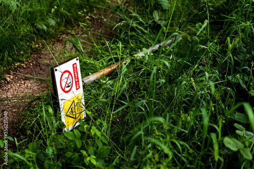 Warning signs for fishermen on Harthill reservoir, Sheffield, U.K. photo