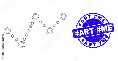 Web carcass dotted trend chart icon and #Art #Me seal stamp. Blue vector rounded scratched seal with #Art #Me phrase. Abstract carcass mesh polygonal model created from dotted trend chart pictogram.