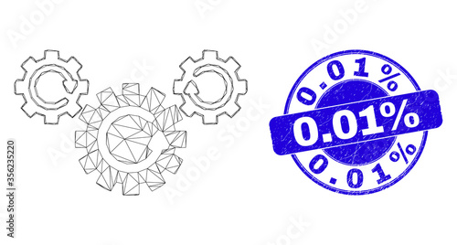 Web mesh gear rotation icon and 0.01% seal stamp. Blue vector rounded scratched seal stamp with 0.01% title. Abstract frame mesh polygonal model created from gear rotation pictogram.