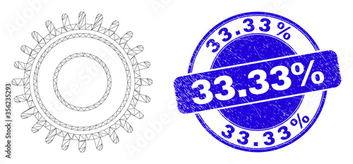 Web carcass gear pictogram and 33.33% watermark. Blue vector round grunge watermark with 33.33% text. Abstract carcass mesh polygonal model created from gear pictogram.