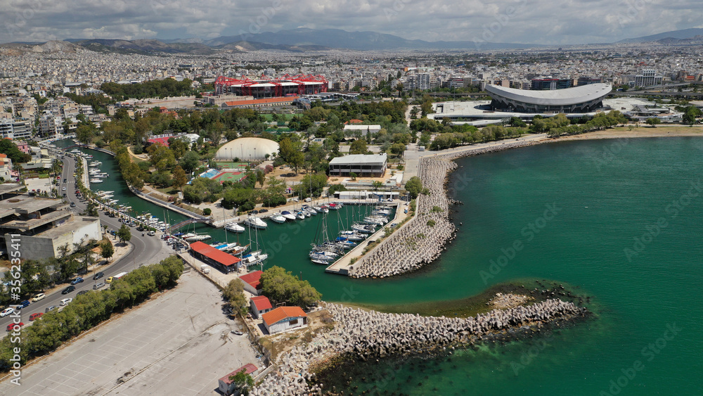 Aerial drone ultra wide photo of famous seascape of Marina Zeas, Piraeus, Attica, Greece