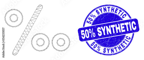 Web carcass per mille pictogram and 50% Synthetic seal stamp. Blue vector rounded distress seal with 50% Synthetic message. Abstract carcass mesh polygonal model created from per mille pictogram.