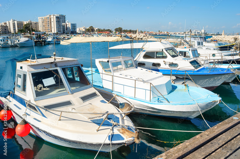 Motorboats  marina  cityscape Larnaca  Cyprus