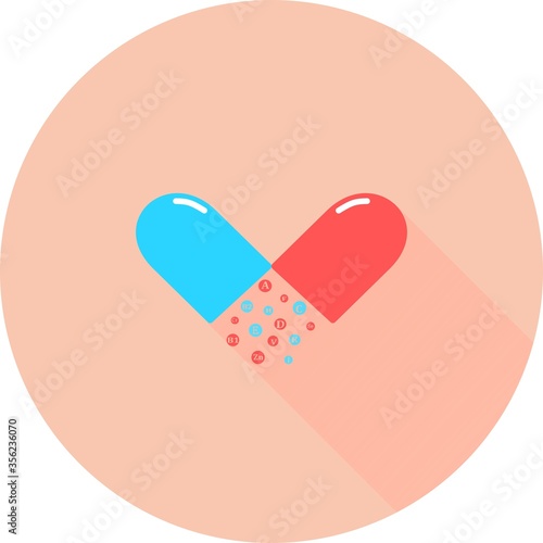 Essential vitamin and mineral complex in circle icon with long shadows. Vector creative design vitamin pill capsule. Multi Vitamin complex icons. Multivitamin supplement. Diet Infographic poster. 