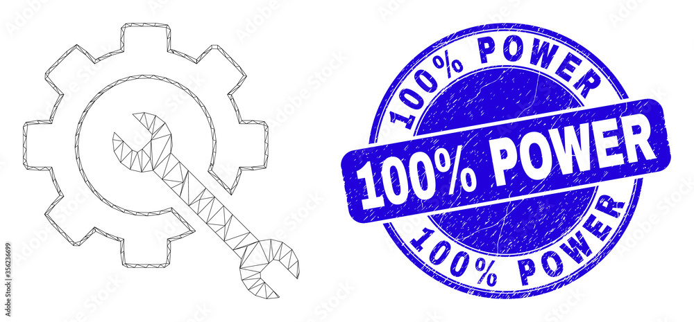 Web mesh service tools pictogram and 100% Power seal stamp. Blue vector rounded textured stamp with 100% Power phrase. Abstract carcass mesh polygonal model created from service tools icon. Web mesh service tools pictogram and 100% Power seal stamp. Blue vector rounded textured stamp with 100% Power phrase. Abstract carcass mesh polygonal model created from service tools icon.