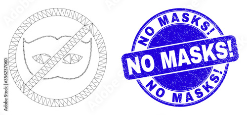 Web carcass stop privacy pictogram and No Masks! watermark. Blue vector round textured seal stamp with No Masks! text. Abstract carcass mesh polygonal model created from stop privacy pictogram.