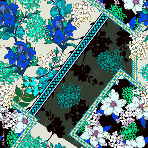 Seamless pattern with patchwork graphic flowers for textile design. Vector