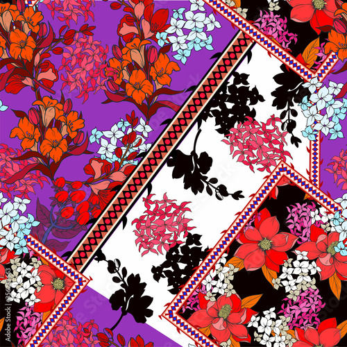Seamless pattern with patchwork graphic flowers for textile design. Vector