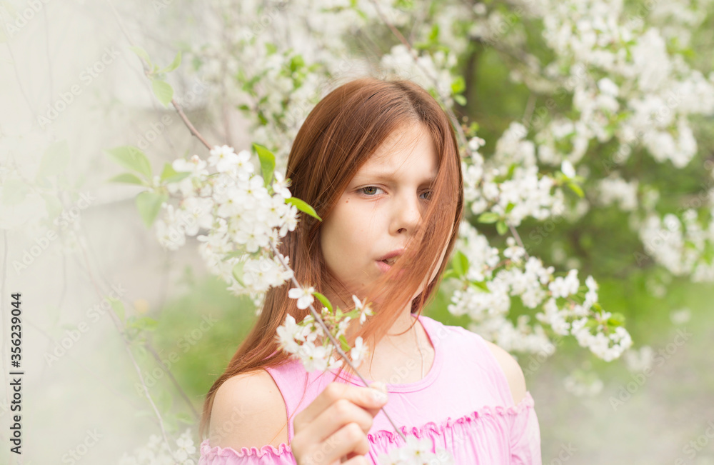 Fototapeta premium red-haired teen girl having fun in a blooming cherry orchard, the concept of spring and the end of the quarantine