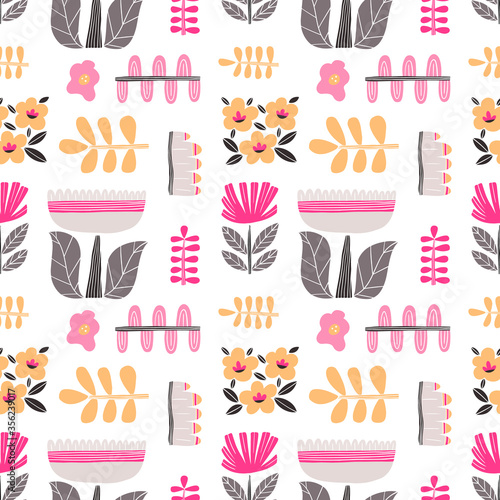 Seamless pattern with cut out style plant and flowers with white background