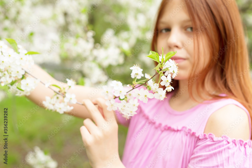 red-haired teen girl having fun in a blooming cherry orchard, the concept of spring and the end of the quarantine red-haired teen girl having fun in a blooming cherry orchard, the concept of spring and the end of the quarantine
