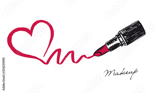 Grunge heart. Makeup set. Lipstick hand drawn illustration.	