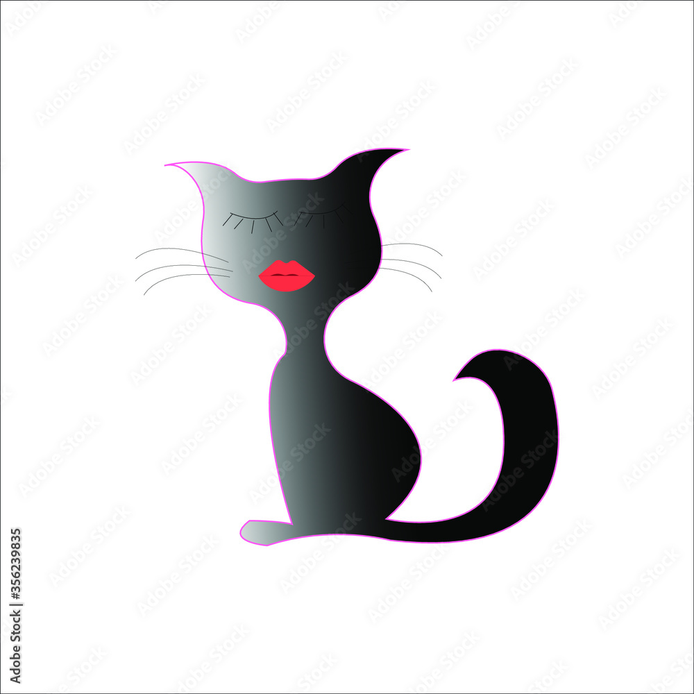 Beautiful dark grey cartoon cat with black eyelashes, red lips and a body with a pink outline on a white background for logo design Beautiful dark grey cartoon cat with black eyelashes, red lips and a body with a pink outline on a white background for logo design