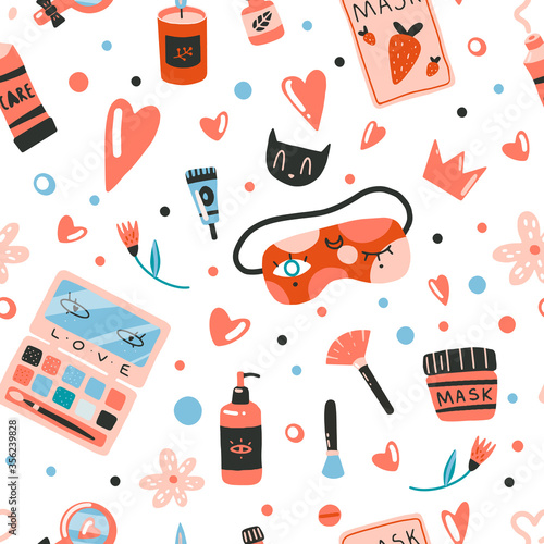 Set of design elements on self-care theme: cats, cosmetics, vitamins, cozy things. Flat cartoon vector illustration