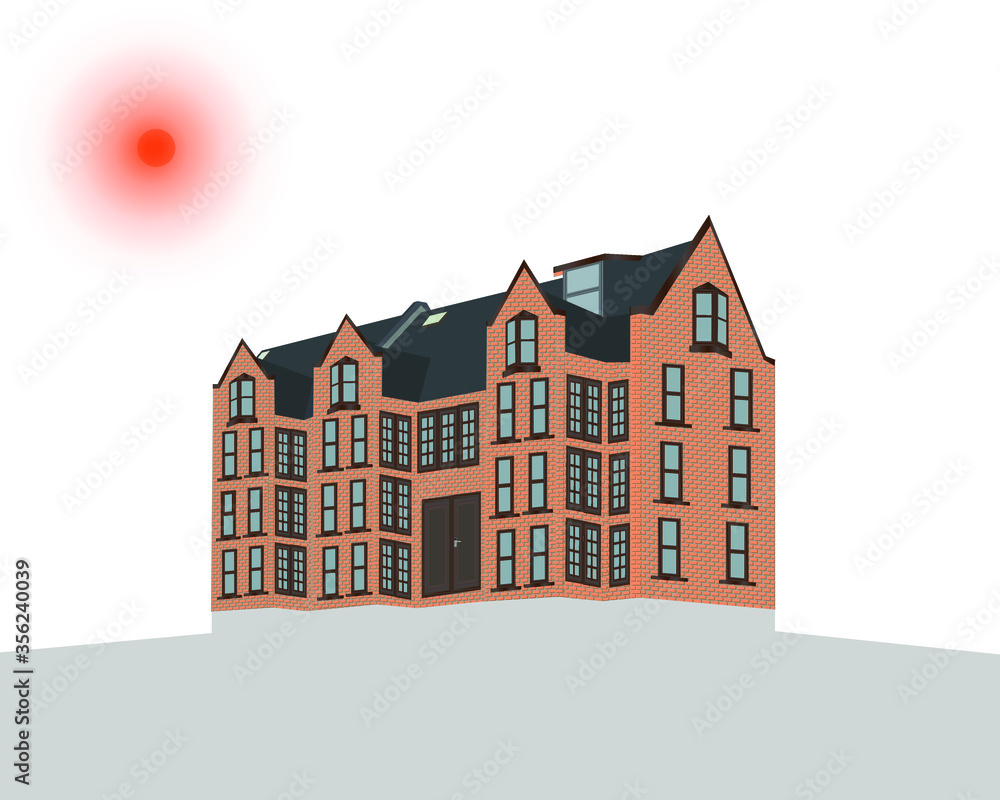 Vector of a large brick 4 story building with windows, skylights, brown doors and a grey roof.