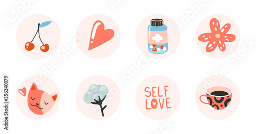 Highlights Stories cover on self-care theme: cats, cosmetics, vitamins, cozy things.