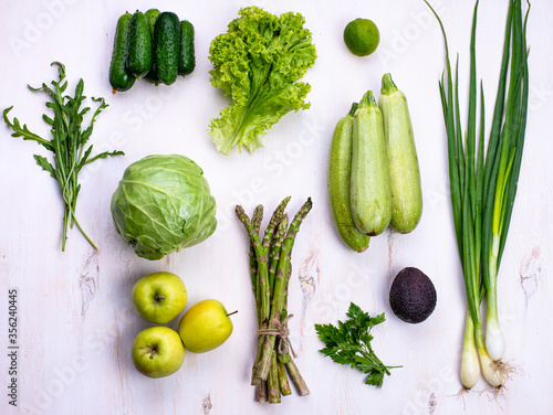 Various green vegetables and fruits